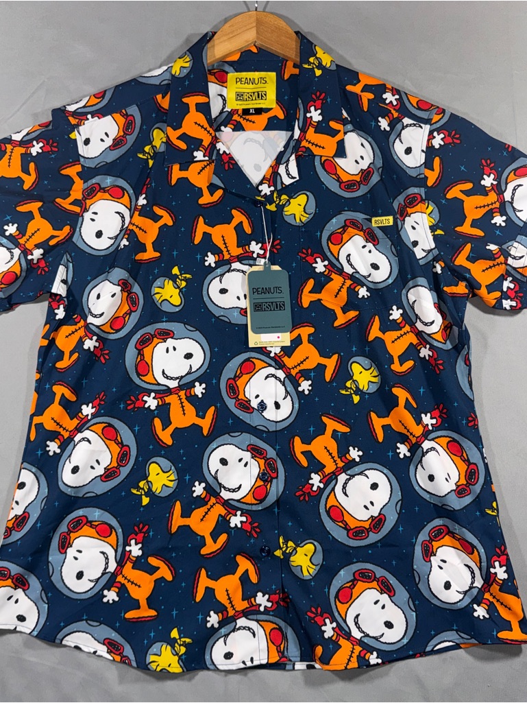 Rsvlts Shirt Women's Xl Blue Snoopy Woodstock Peanuts Short Sleeve Button Up